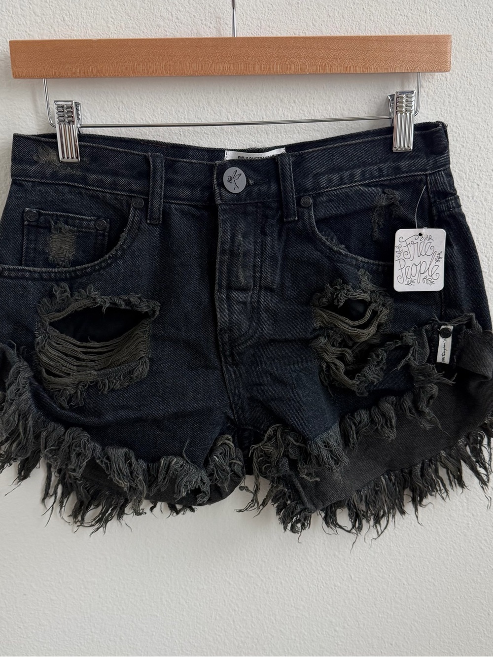 Free People One Teaspoon Bandits Denim Shorts Black Distressed Frayed Cutoff 24